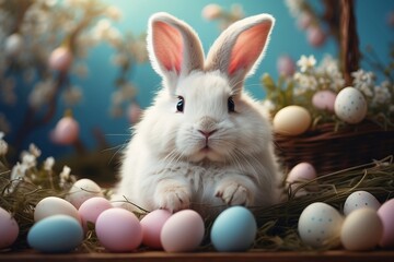 Royal Easter Delight: Adorable Bunny Surrounded by Easter Egg Treasures