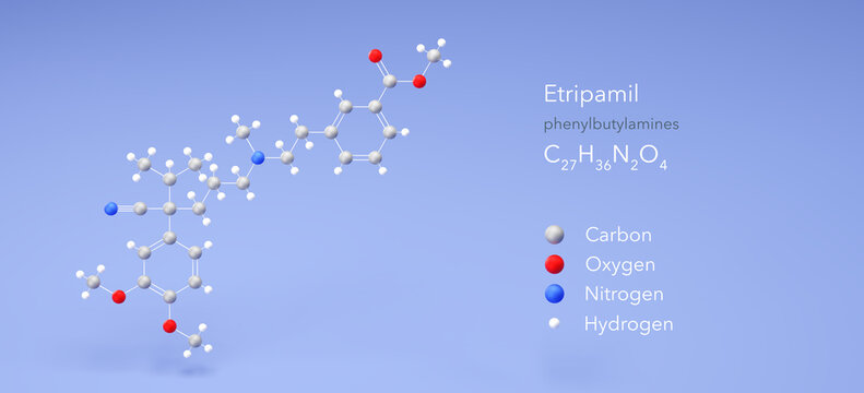 etripamil molecule, molecular structures, phenylbutylamines, 3d model, Structural Chemical Formula and Atoms with Color Coding