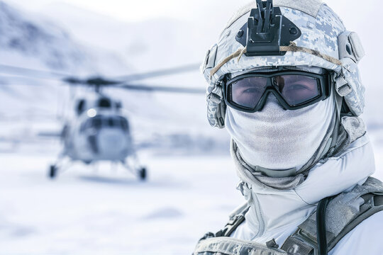 special forces soldier in winter in the arctic against the backdrop of a helicopter close-up