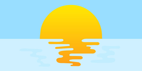 Sunset over sea. Sun reflected in the water. Orange sun, blue wave, sea symbol paper style trendy modern illustration