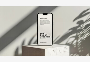 Phone Mockup Template Screen - White Pedestal with Plant Shadow on Wall - Stock Photo