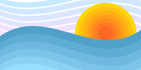 Sun over the sea isolated on white background  orange sun, blue wave, sea symbol paper style trendy modern illustration.