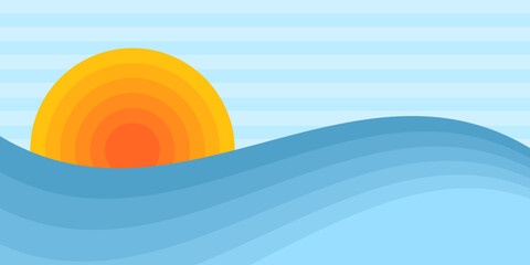 Sun over the sea isolated on white background  orange sun, blue wave, sea symbol paper style trendy modern illustration.
