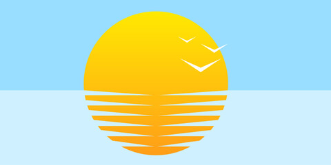 Sunset over sea. Sun reflected in the water. Orange sun, blue wave, sea symbol paper style trendy modern illustration