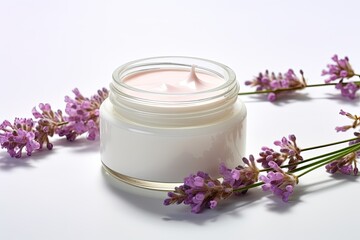 Obraz na płótnie Canvas Floral skincare cream in glass jar, for cosmetic dermatology, on white background.