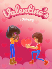 Valentine's Day party poster or invitation card with a 3D cartoon character.