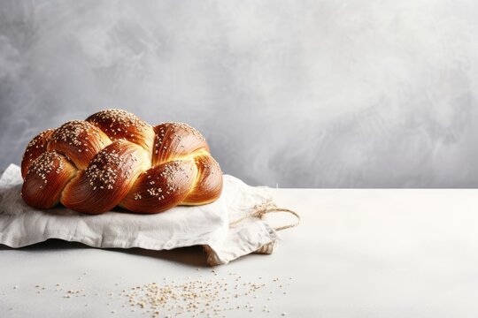 Top view of homemade Challah bread with sesame seeds, on a light grey background.