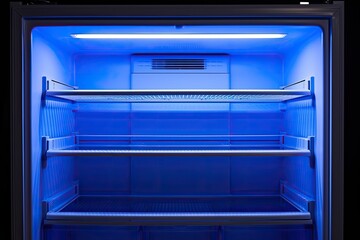 Open white refrigerator with blue light inside.