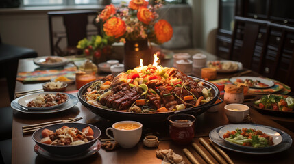Obraz premium homemade festive dinner in honor of Chinese New Year celebrations