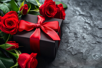 Elegant gift box adorned with a red ribbon lies next to a bouquet of red roses on a textured slate background, Valentine's Day Gift.