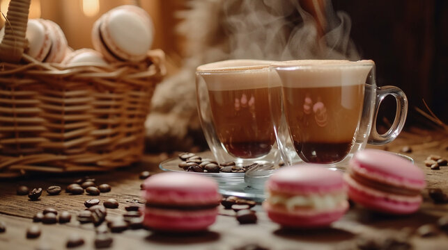 A beautiful cup of cocoa, steam above the cup, sweets on the table, unusual interior. Restaurant.