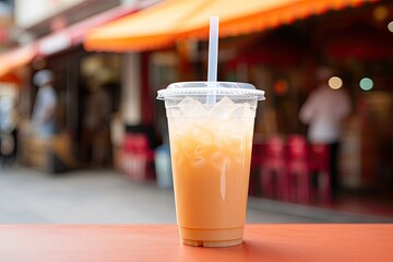 Thailand's China town offers a refreshing cold Thai tea, served in a plastic bag, accompanied by a colorful straw, in a picturesque street food setup.