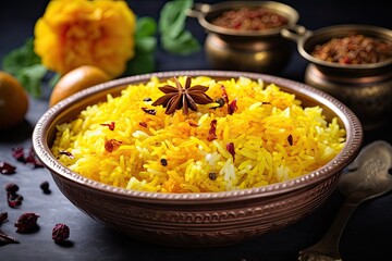 Selective focus on white ceramic bowl with saffron rice or kesar chawal. - obrazy, fototapety, plakaty