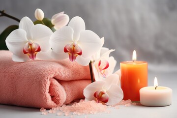 Obraz na płótnie Canvas Spa items: soap, candle, towel, salt, orchid on white. Salon, therapy, beauty. Treatment. Coral.
