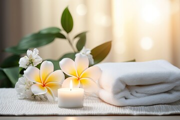 Fototapeta na wymiar Spa set on white table, including beauty and fashion items. Spa towel with candle, plumeria, and tree also on table.