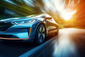 Fast electric vehicle car with speedometer. Low angle side view of car speeding with motion blur,...
