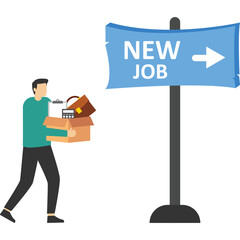 Young man who goes to a new job with a box. new job concept. Vector illustration of a new job in a flat design.

