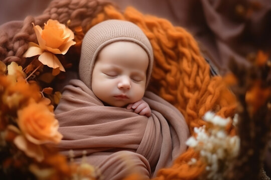 Sleeping newborn baby in natural decor flowers like an artistic stylized baby photo shoot