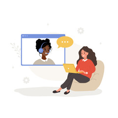 Customer service concept. Female client with laptop talking to online support. Call center or hotline. Vector illustration in flat cartoon style.