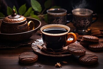 Fototapeta premium Choco pies and tea on wooden surface, overhead view