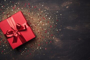 Top view of a gift box with a red ribbon, representing a voucher for the Black Friday sale with a discount card tag. - obrazy, fototapety, plakaty