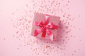 Festive gift box as a bonus compliment with ribbon on pink background