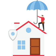 Property Insurance concept and with Vector Illustration Small Person Character Concept and house, Suitable For web landing page, Wallpaper, Background, Card, banner, website or landing page

