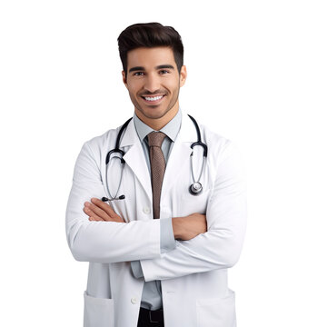 Front view of an extremely handsome Latin male model dressed as a Doctor smiling with arms folded, isolated on a white transparent background