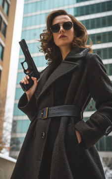 Secret agent woman with sunglasses and firearm