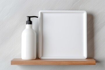 Top view of white plastic shampoo and conditioner bottle with pump mock up on white background, accompanied by wood tray and comb.