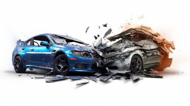 Two Cars accident violently facing each other, on isolated white background isolated on white background,