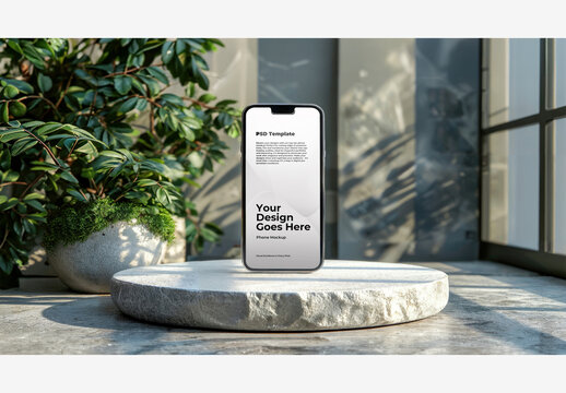 Phone Mockup Template Screen on Stone Platform with Window, Plant, and Potted Plant - Stock Photo