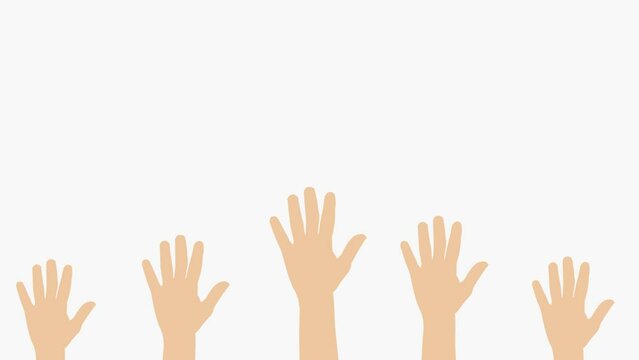 Animation of raising cartoon hands. Raising hands and waving hands to vote. Green background for chroma key use