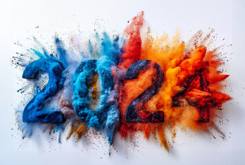 colorful dust explosion 2024 for holi festival background and banner isolated on white - obrazy, fototapety, plakaty