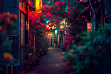 A Tokyo side street bursting with an outbreak of flowers, showcasing gorgeous lush colors and adorned with tiny neon lights.