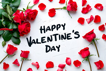 Red roses scattered on a white background with the words "HAPPY VALENTINE'S DAY."