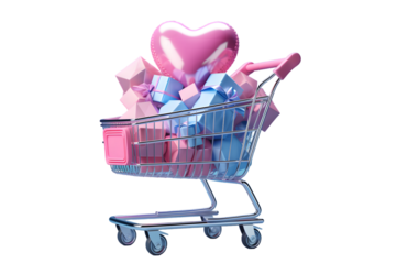 Shopping cart with gifts and balloons isolated on transparent background	
