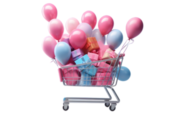 Shopping cart with gifts and balloons isolated on transparent background