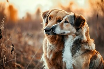 Obraz premium A cute couple of dog in love in romantic background with copy space.
