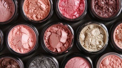 Array of crushed eyeshadows in various shades, displayed in open round containers against a dark background. - obrazy, fototapety, plakaty