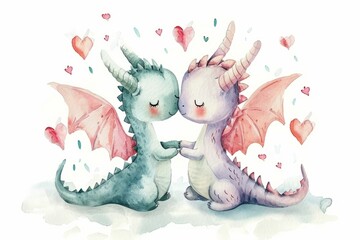  two little dragons, st valentine day, watercolor, white background - obrazy, fototapety, plakaty