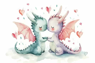 Fotobehang  two little dragons, st valentine day, watercolor, white background © Anastasiia