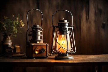 old oil lamp on wooden background