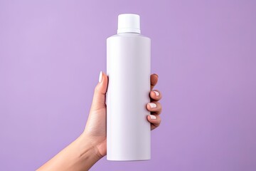 A woman holds a white cosmetic bottle on a lilac background.
