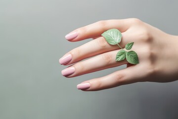 Fototapeta na wymiar Woman s pink manicured hand holds green leaf against gray backdrop