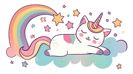 Whimsical Unicorn Cat and Rainbow Illustration