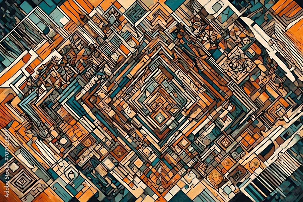 Poster a series of abstract geometric shapes and patterns, illustrating the interconnectedness and complexi