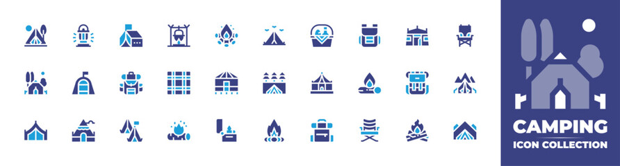Camping icon collection. Duotone color. Vector and transparent illustration. Containing tent, backpack, bonfire, camping chair, refugee camp, camping, camping tent, fire, cooking, table, firewood.