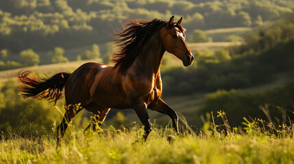 Majestic Bay Horse Galloping in Golden Sunset Light Countryside Scenery