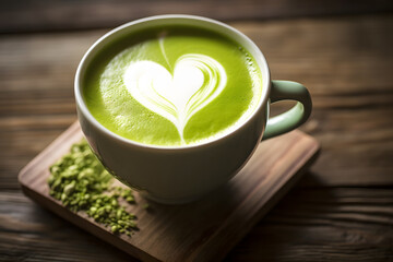 Cup of matcha with milk foam making a heart 
